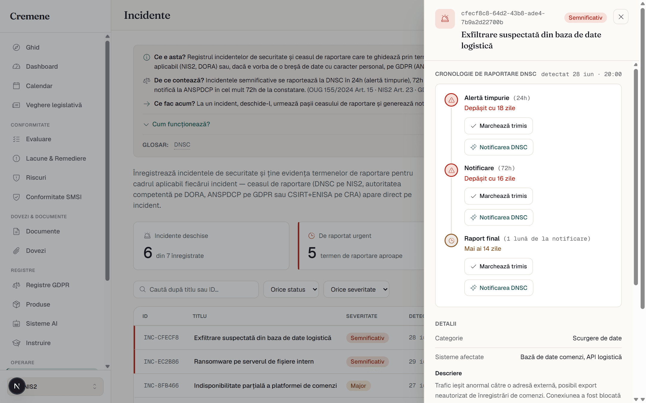Modulul de incidente Cremene cu ceasul de raportare legal